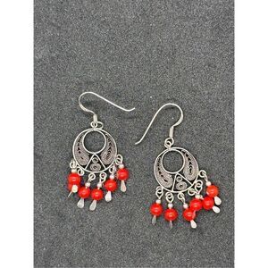Stunning MEXICO 925 STERLING SILVER CORAL DANGLE EARRINGS FRIDA KAHLO STYLE Grea
